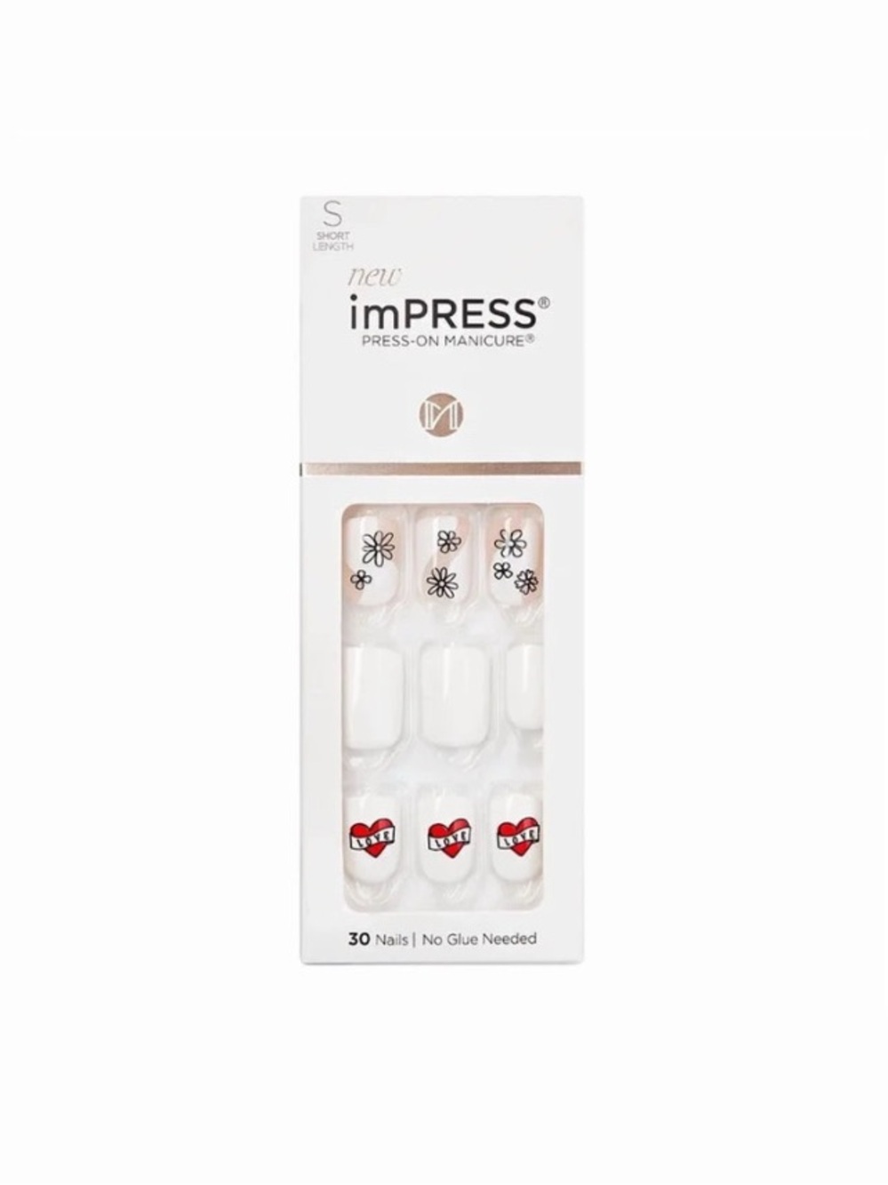 imPRESS White Press-On Nails with Black Floral and Red Heart Designs